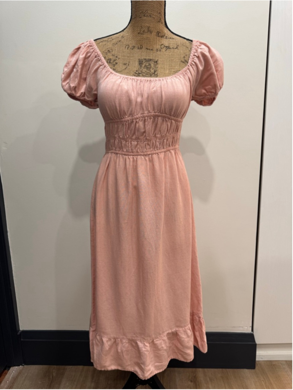 Sim & Sam Pink Linen Blend Milkmaid Midi Dress M Puff Sleeve Cottagecore Regency